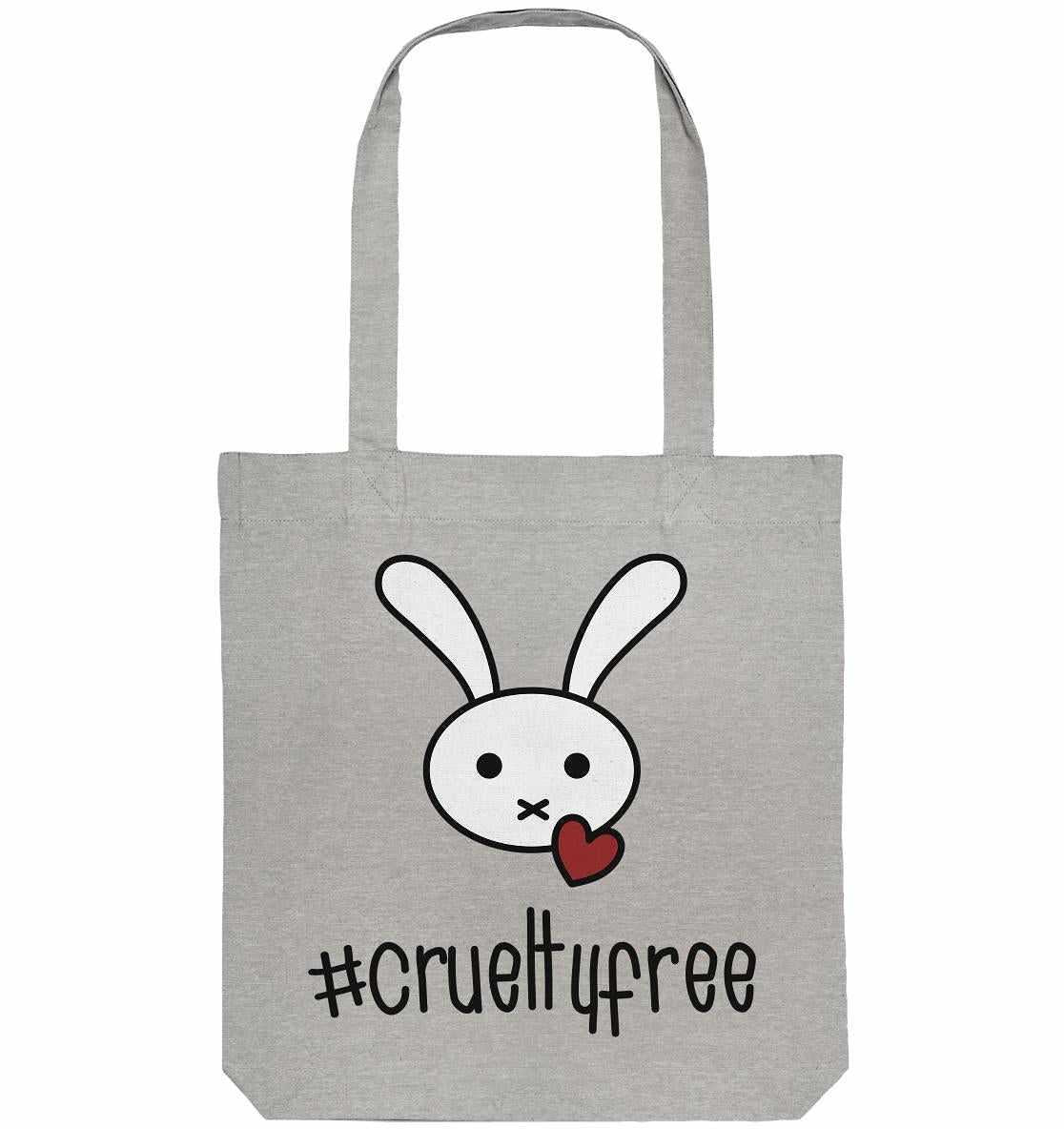 Vegan und Recycling Stofftasche: Crueltyfree Bunny, graue Tragetasche mit Cartoon-Hase und Herzmotiv, aus recycelter Baumwolle und Polyester, repräsentiert vegane und nachhaltige Werte.