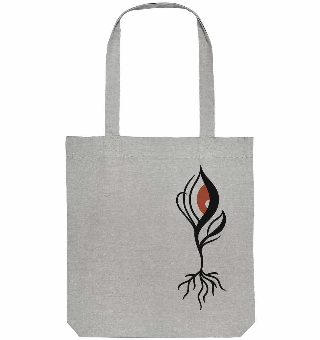 Vegan und Recycling Stofftasche mit grafischem schwarzem Baum- und rotem Blumenmotiv, symbolisiert Umweltschutz, aus recycelter Baumwolle und Polyester, lange Henkel, robust gefertigt.