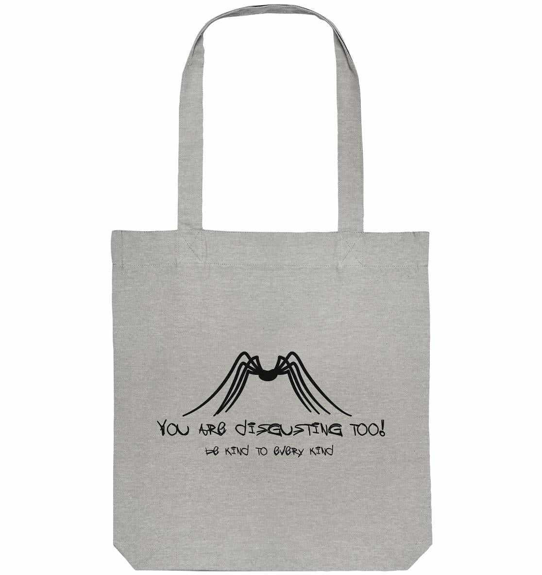 Vegan und Recycling Stofftasche mit schwarzem Spinnenmotiv und Text: „Protect Insects, even spiders and be kind to every kind“ aus recycelten Materialien, von RUDE REBEL.