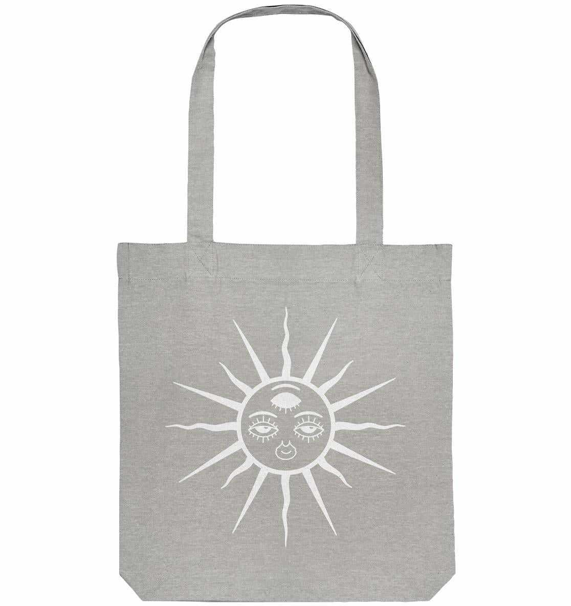 Vegan und Recycling Stofftasche: The Sun - Third Eye Awakening, graue Tote-Bag mit Sonnen- und Gesichtsmotiv, aus recyceltem Material, ideal für nachhaltige Mode.