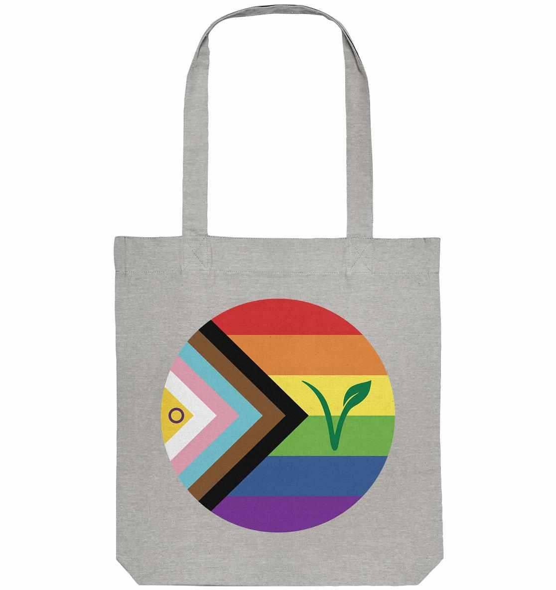 Vegan und Recycling Stofftasche: LGBTQIA+ VEGAN, graue Tote Bag mit Regenbogenkreis und grünem Blatt, aus recycelter Baumwolle und Polyester, lange Henkel.