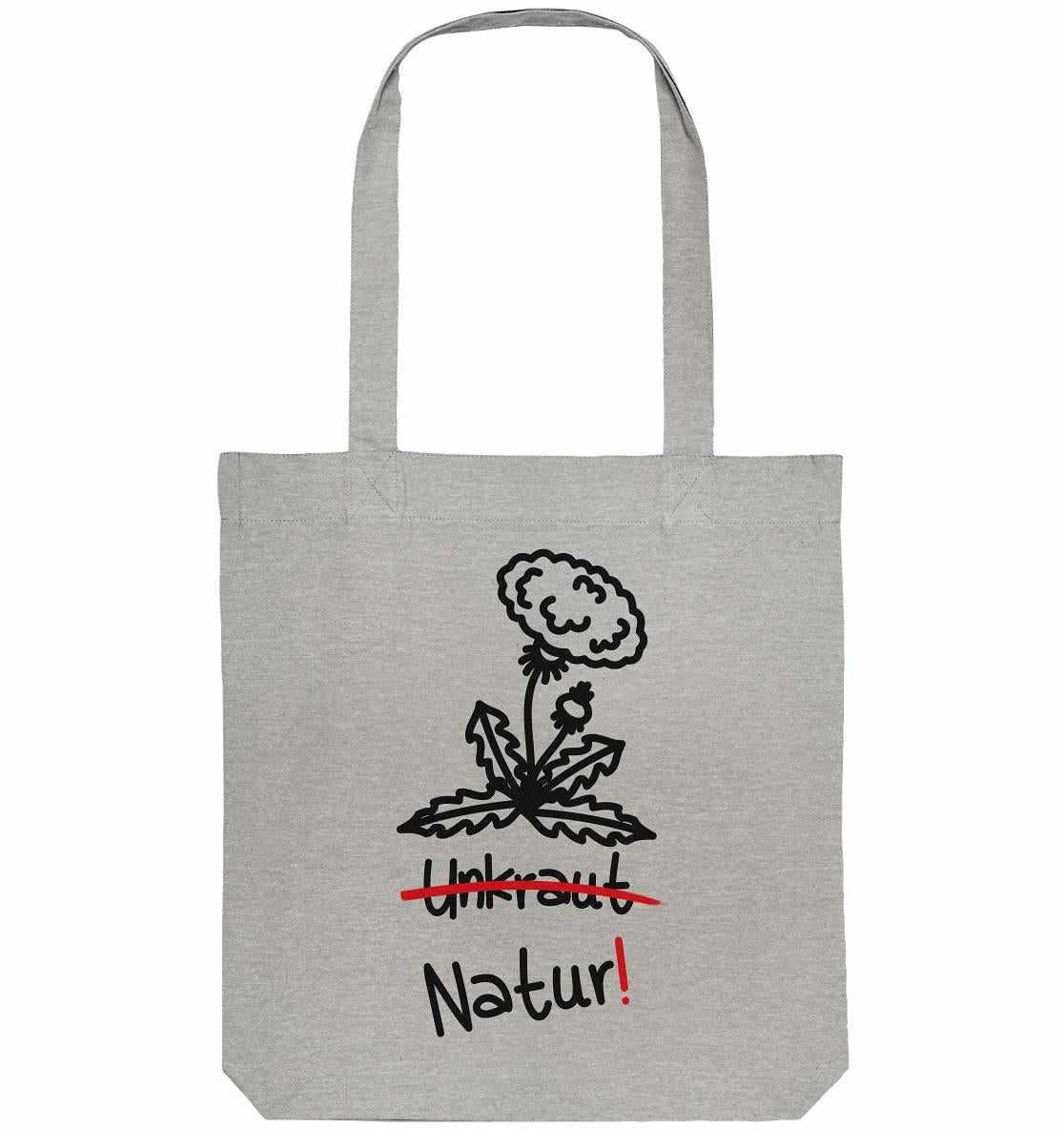 Vegan und Recycling Stofftasche: Löwenzahn, graue Tasche mit schwarzer Blumenzeichnung und Text, nachhaltig produziert aus recycelten Materialien, ideal für umweltbewusste Einkäufe.
