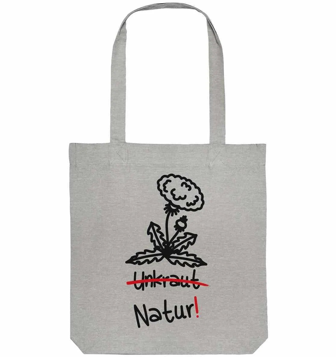 Graue Stofftasche mit Löwenzahn-Print und Aufschrift „Natur!“