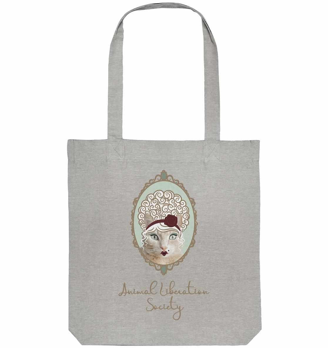Vegan und Recycling Stofftasche: Miss Cat - Animal Liberation Society, graue Tote Bag mit Katzenmotiv und roter Rose, aus recycelten Materialien, von RUDE REBEL.