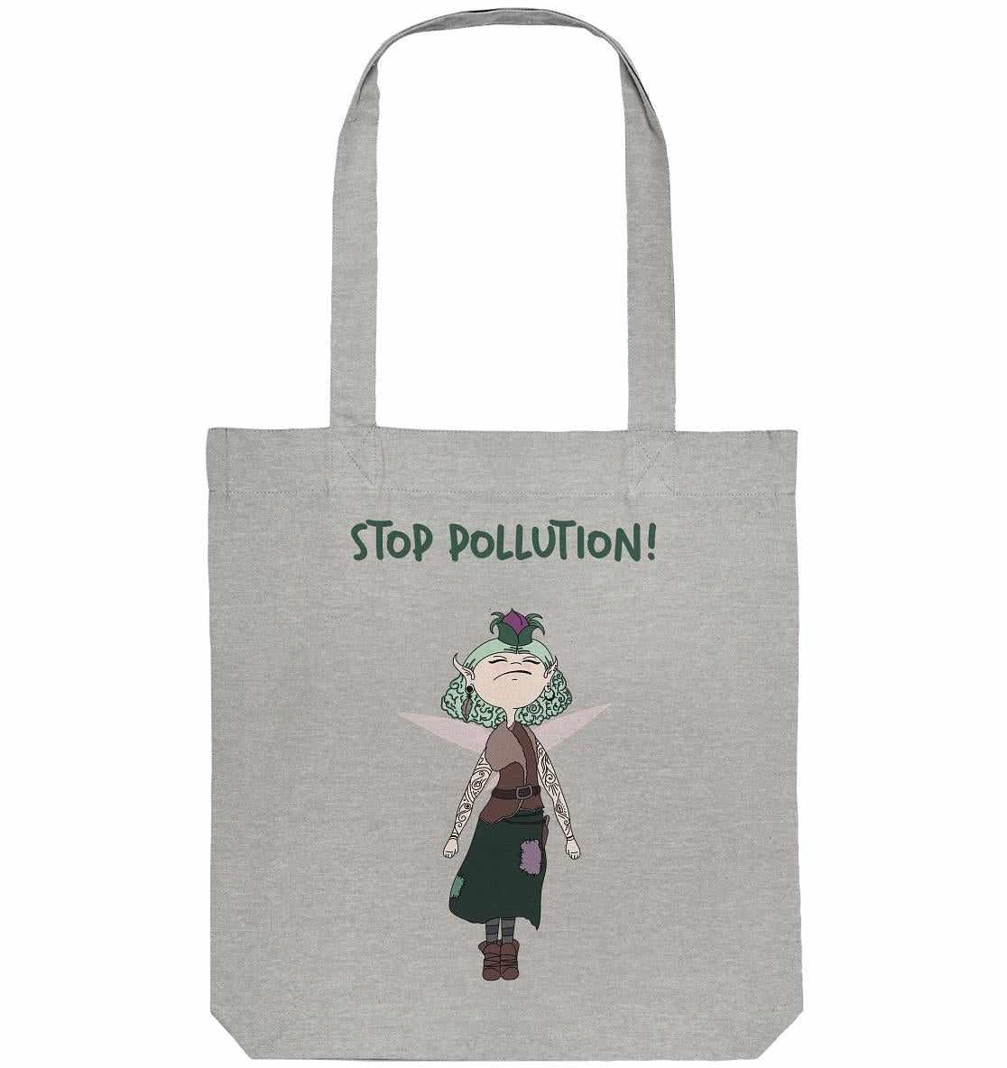 Vegan und Recycling Stofftasche: STOP POLLUTION! - Krawall Fee mit Cartoon-Charakter, ideal für nachhaltige Mode und Umweltschutzbewusste.