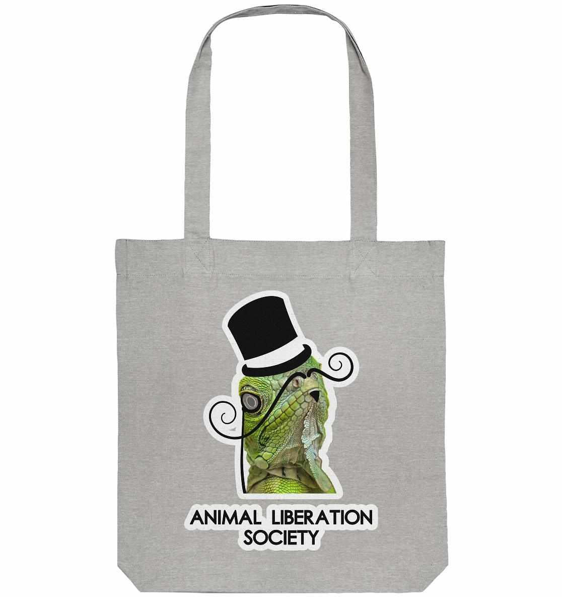 Vegan und Recycling Stofftasche: Sir Reptile - Animal Liberation Society, graue Tasche mit illustriertem Cartoon-Lizard im Zylinder, vegane und nachhaltige Herstellung aus recycelten Materialien.