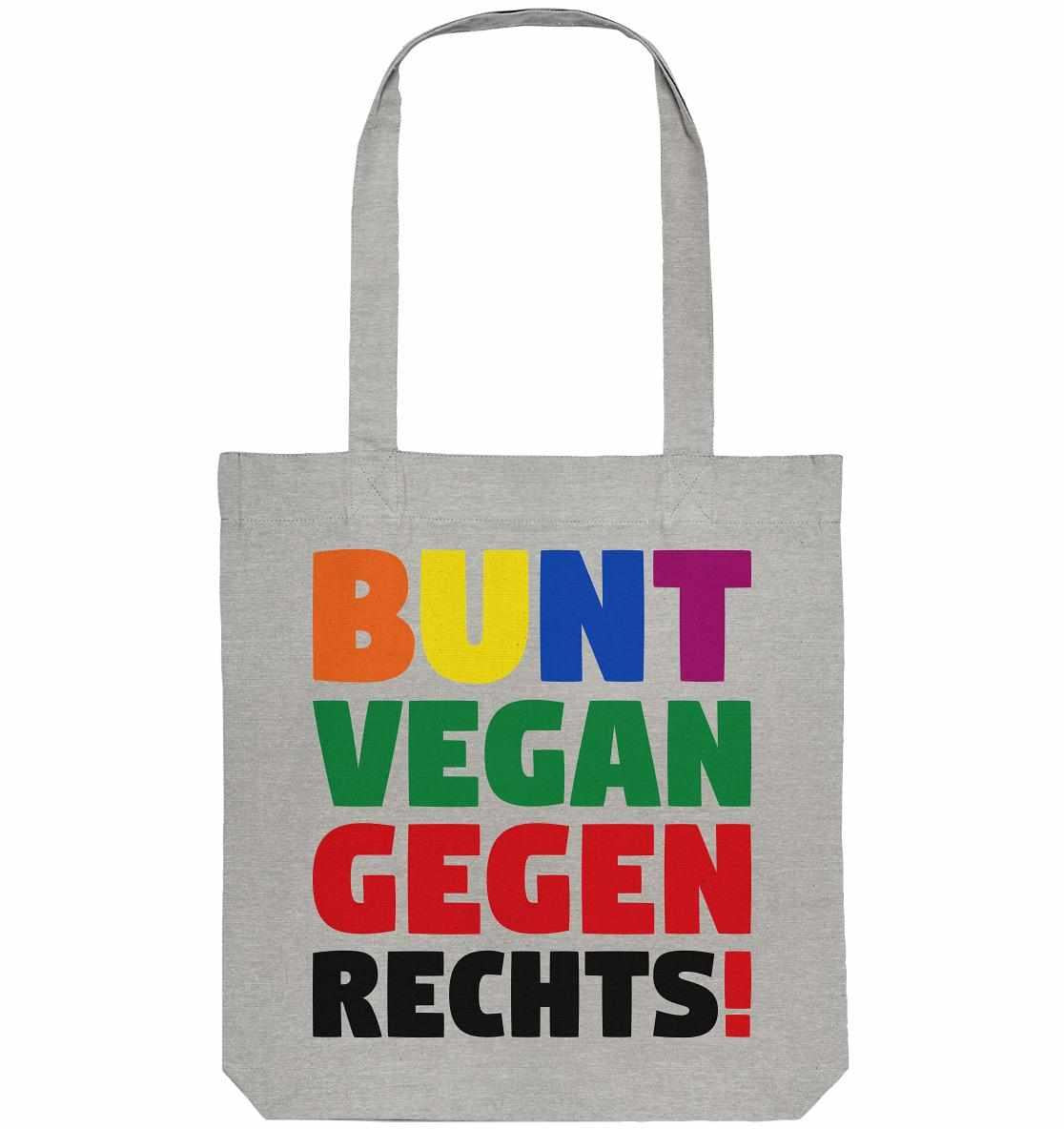 Vegan und Recycling Stofftasche: BUNT, VEGAN und GEGEN RECHTS! Graue Stofftasche mit buntem Text, aus recycelter Baumwolle und Polyester, ideal für nachhaltige Demonstrationen.