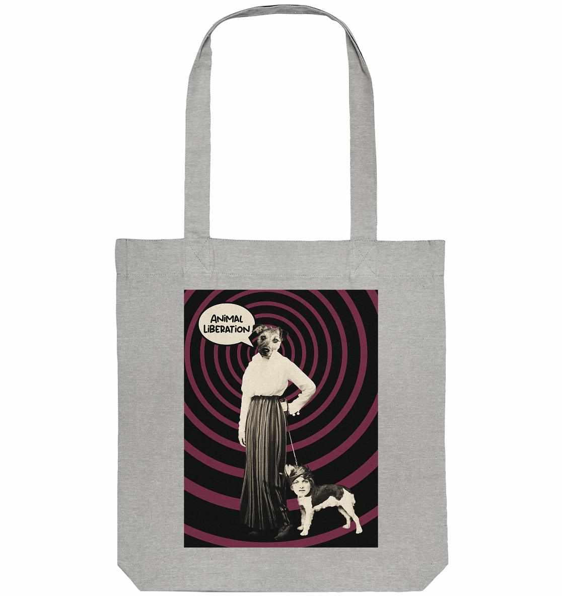 Vegan und Recycling Stofftasche: Upside Down - Animal Liberation, graue Tote-Bag mit Popart-Collage einer Frau und einem Hund, aus recycelten Materialien, von RUDE REBEL.