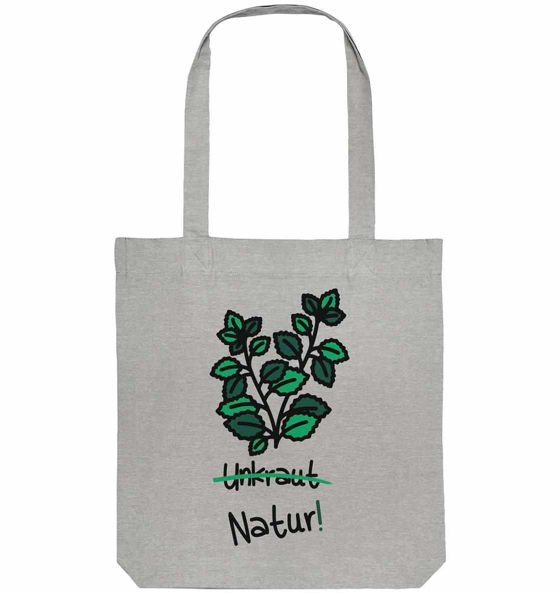 Vegan und Recycling Stofftasche: Brennnessel - Naturschutz, graue Tasche mit grünen Blättern, aus recycelten Materialien, symbolisiert Naturschutz und nachhaltiges Design.