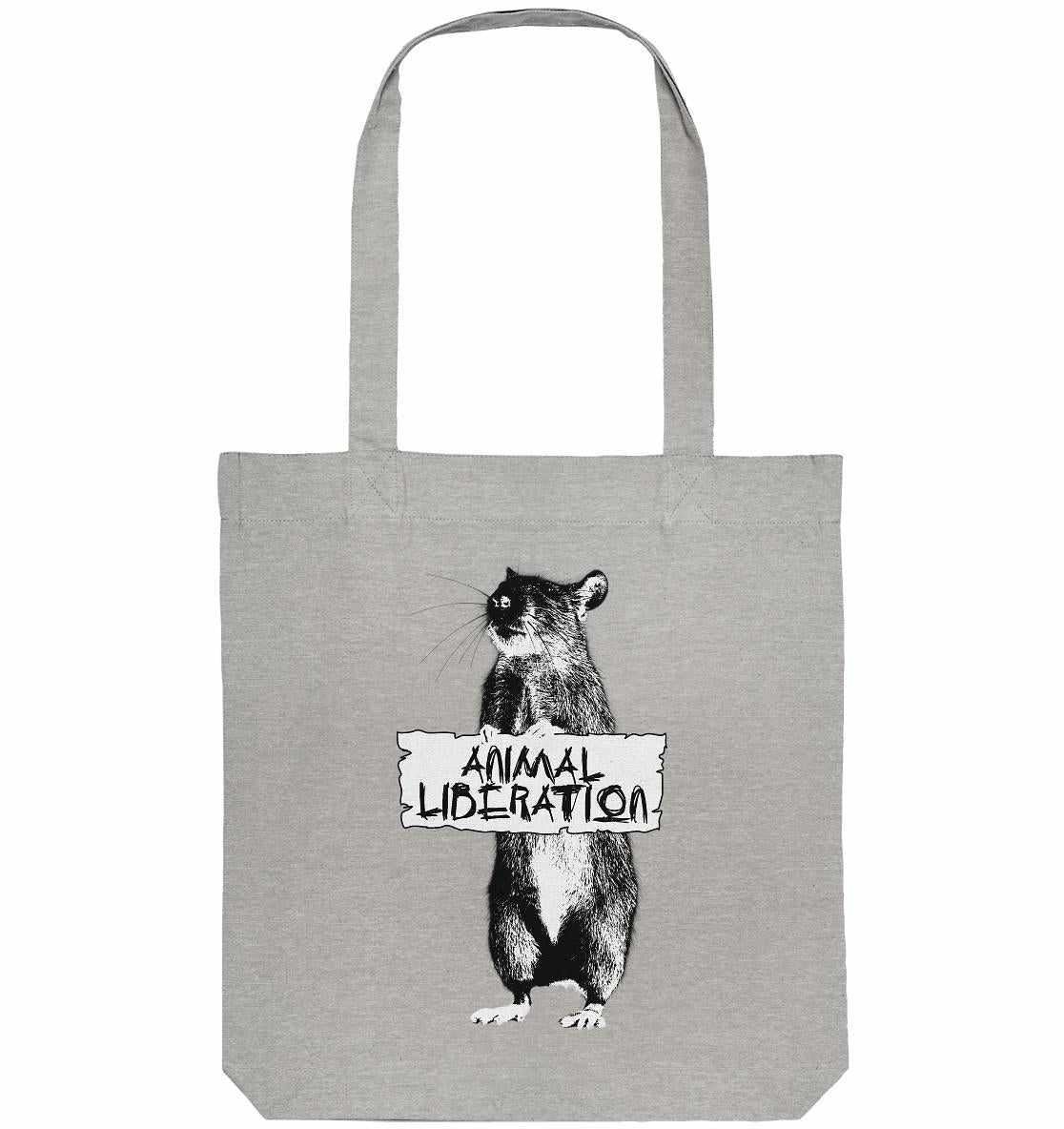 Vegan und Recycling Stofftasche: Rat for Animal Liberation, graue Tasche mit Maus-Collage im Banksy-Stil, symbolisiert Tierschutz und Gleichberechtigung, gefertigt aus recycelten Materialien.