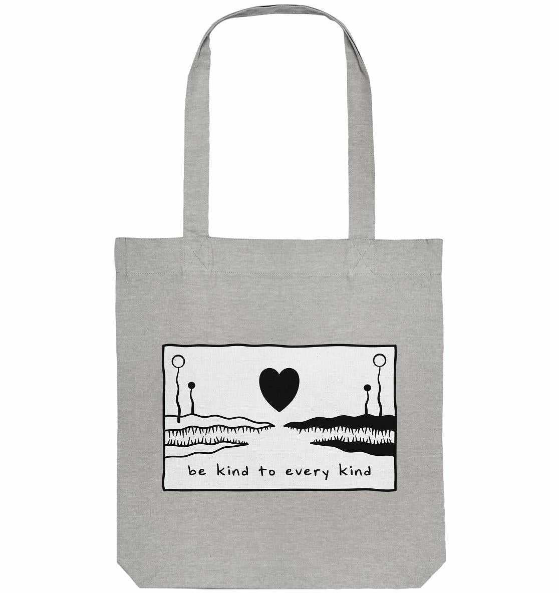 Vegan und Recycling Stofftasche: Be kind to every kind, graue Tote-Tasche mit schwarzem Herz und schwarz-weißem Bild, aus recycelten Materialien.