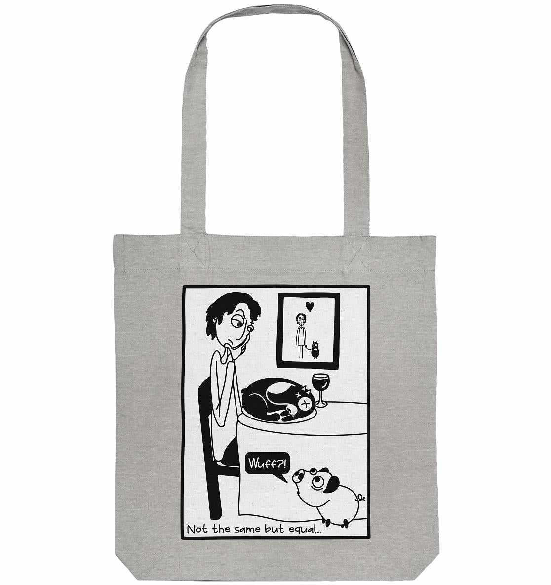 Vegan und Recycling Stofftasche: Pig vs. Dog - Not the same but equal… mit Cartoon von Frau und Katze, aus recycelter Baumwolle und Polyester, lange Henkel.