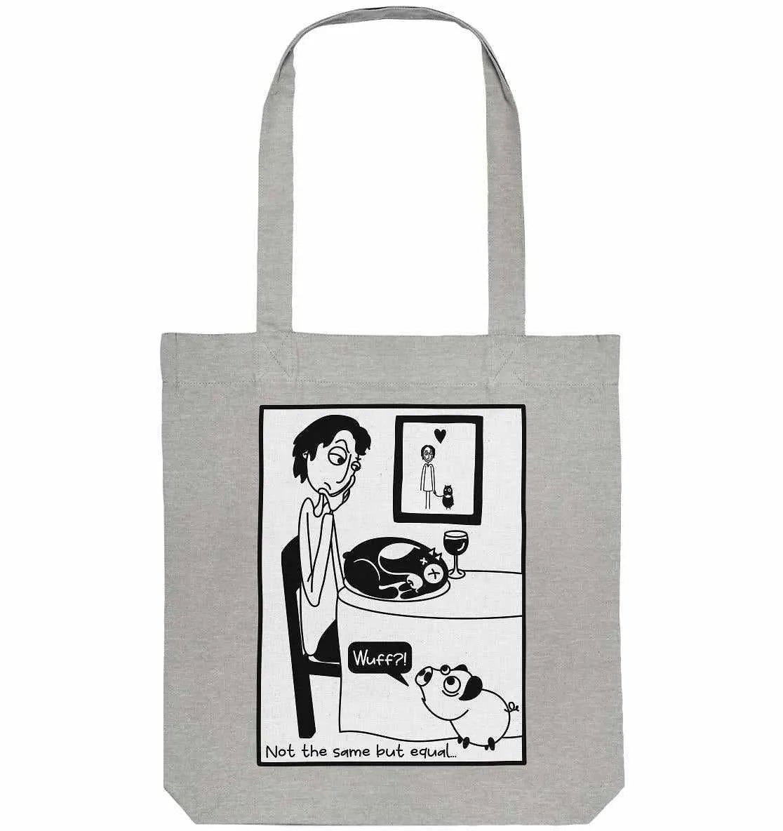 Grau melierte Stofftasche mit Tragehenkeln und Motivillustration von Schwein und Hund