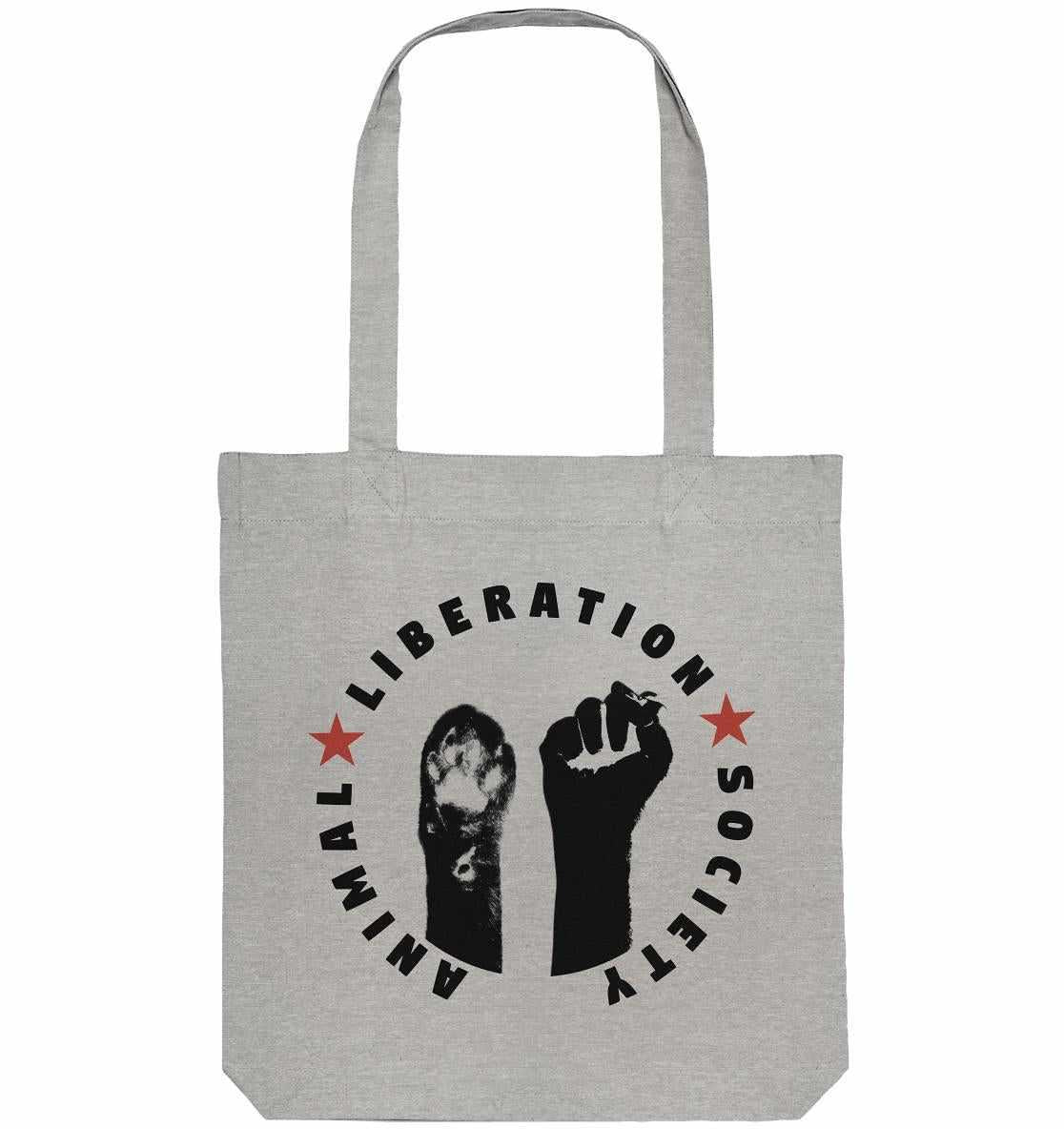 Vegan und Recycling Stofftasche: Raise paw and fist for Animal Liberation! Graue Tasche mit Pfoten- und Faustmotiv, aus recycelten Materialien, für Tierrechte.