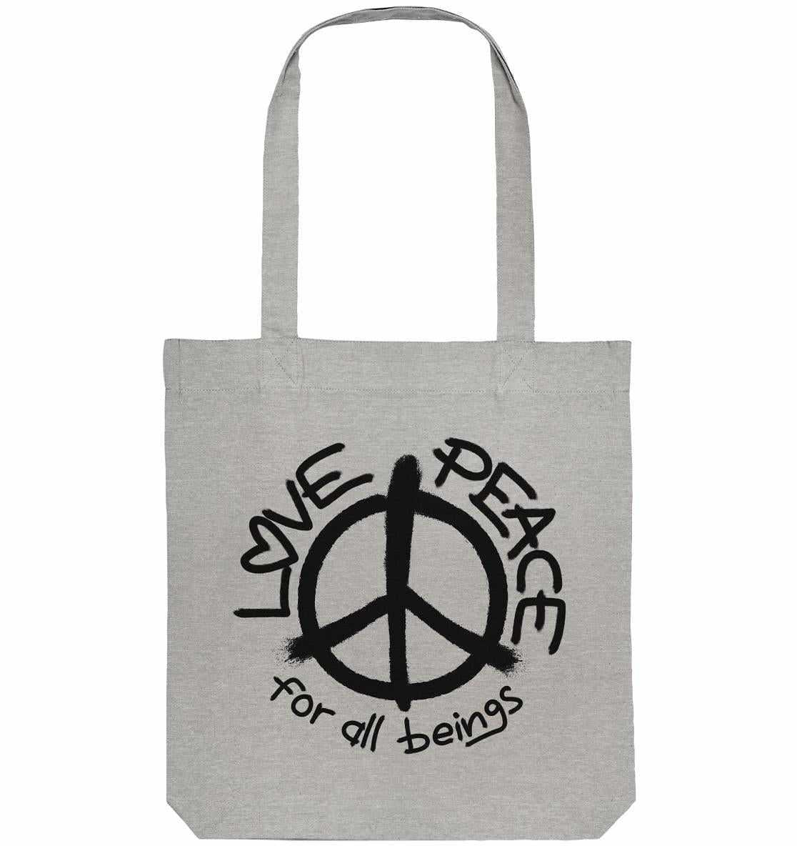 Vegan und Recycling Stofftasche: LOVE and PEACE for all beings, graue Tote-Tasche mit Friedenssymbol, aus recycelter Baumwolle und Polyester, lange Henkel, umweltfreundlich.