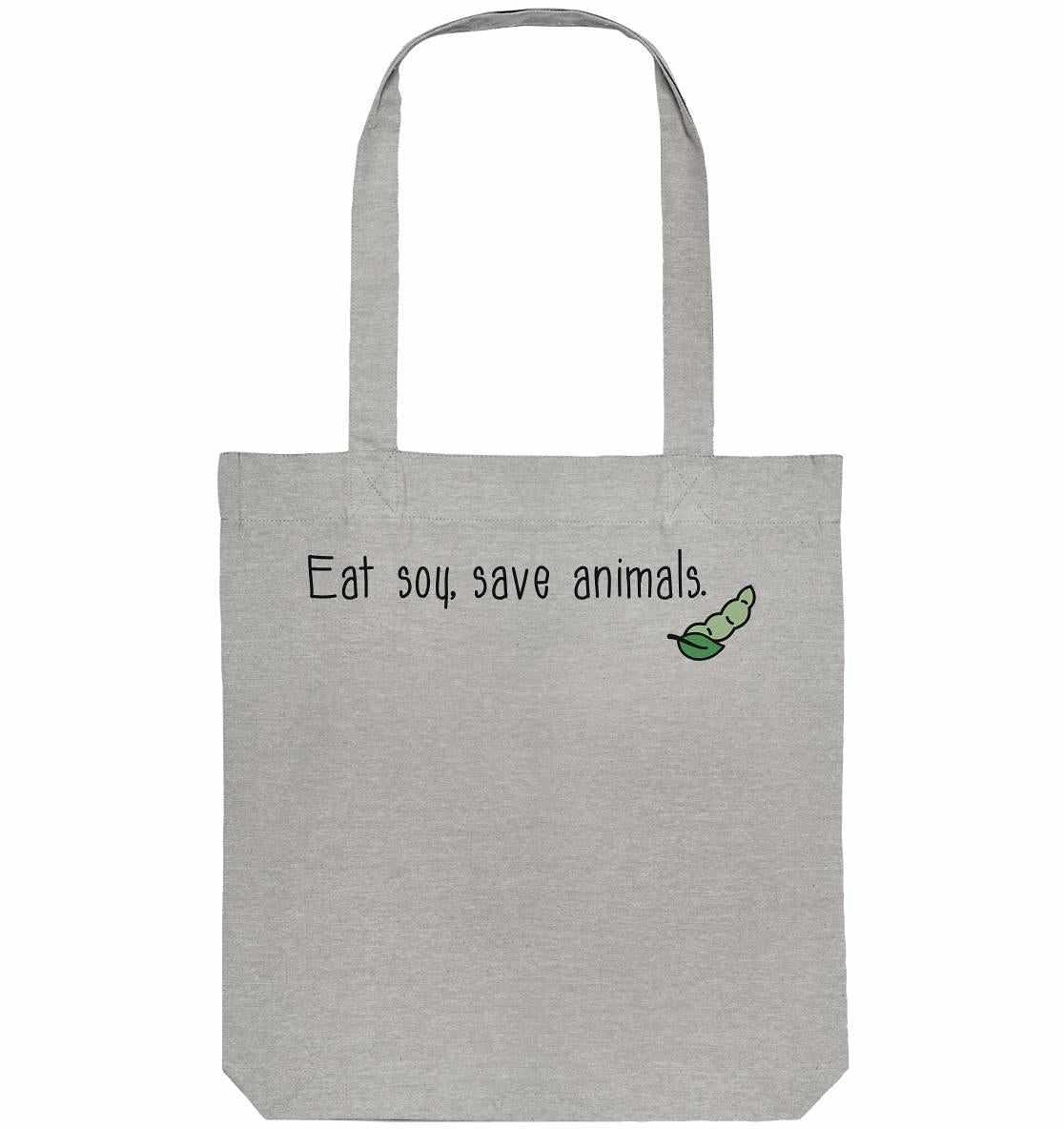 Vegan und Recycling Stofftasche mit grünem Blattmotiv und Text Veganism - Eat soy, save animals, aus recycelter Baumwolle und Polyester, 38x42 cm.