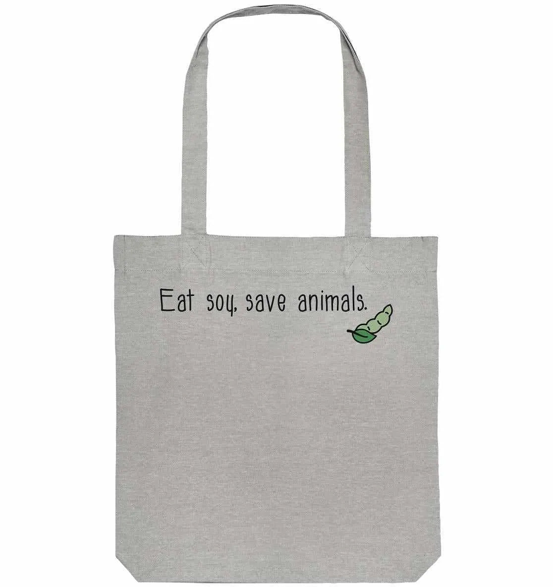 Hellgraue Stofftasche mit Tragehenkeln, Aufdruck „Eat soy, save animals“ und grüner Sprout