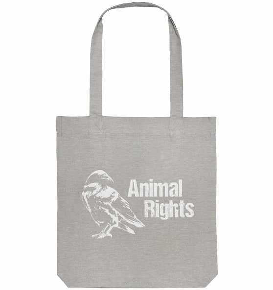 Graue Stofftasche Raven - Animal Rights mit Vogelmotiv, aus recycelten Materialien, symbolisiert Freiheit und Tierschutz. Veganes, nachhaltiges Design von RUDE REBEL. Größe: 38 x 42 cm.