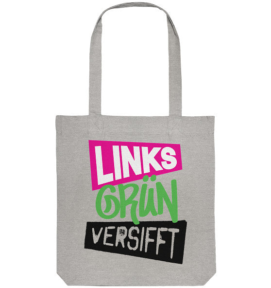 Vegan und Recycling Stofftasche: Wir sind Links Grün versifft! Graue Stofftasche mit buntem Text, aus recycelter Baumwolle und Polyester, ideal für nachhaltiges Shopping.