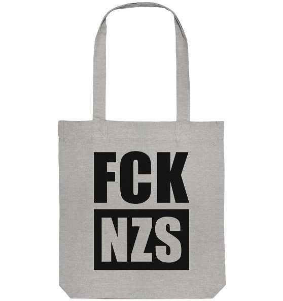 Leichtgraue Vegan und Recycling Stofftasche: FCK NZS, mit langen Henkeln und schwarzem Stencil-Schriftzug, symbolisiert Widerstand gegen Rechts. Aus recycelter Baumwolle und Polyester.