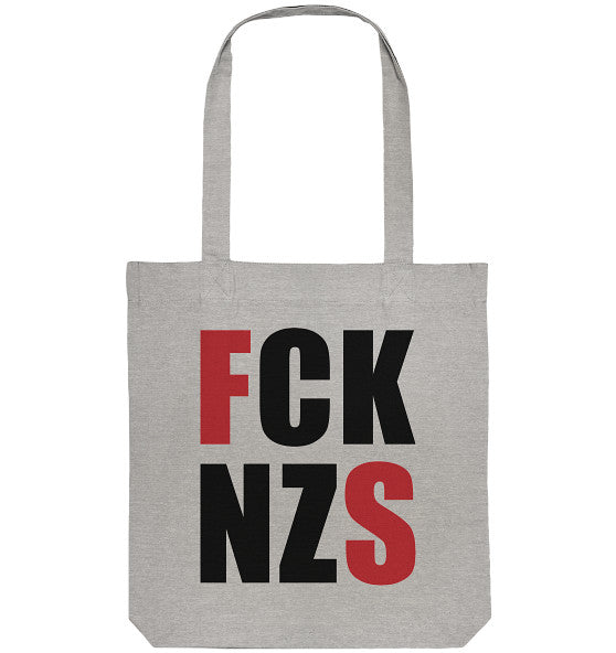 Graue Canvas Stofftasche mit Aufschrift FCK NZS in roten und schwarzen Buchstaben, vegan und aus recycelten Materialien, designed von RUDE REBEL.