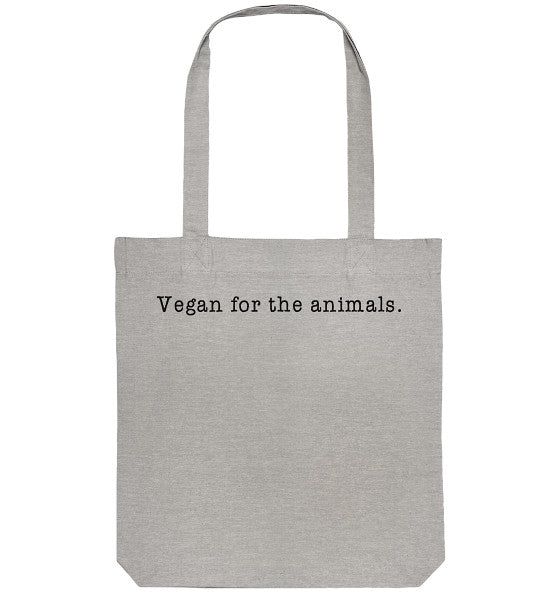Vegan und Recycling Stofftasche mit dem Slogan Vegan for the animals., gefertigt aus recycelter Baumwolle und Polyester, ideal für umweltbewusste, tierfreundliche Einkäufe.