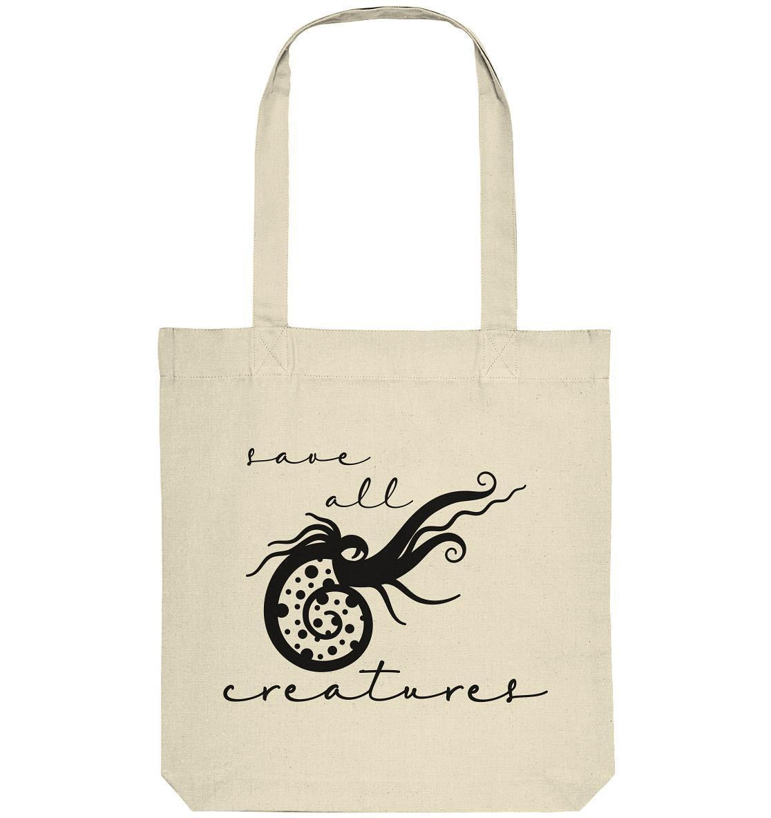 Vegan und Recycling Stofftasche: Save All Creatures, weiße Tasche mit schwarzem Oktopus-Design, lange Henkel, aus recycelten Materialien, ideal für nachhaltigen Einkauf.