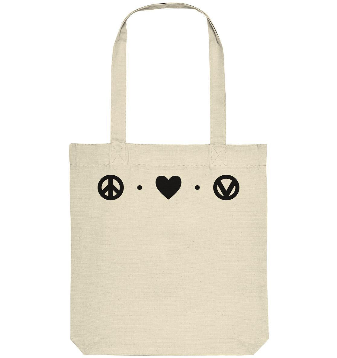 Vegan und Recycling Stofftasche mit schwarzen Symbolen Peace - Love - Veganism, aus recycelter Baumwolle und Polyester, symbolisiert Frieden und Liebe. Ideal für umweltbewusste Käufer.