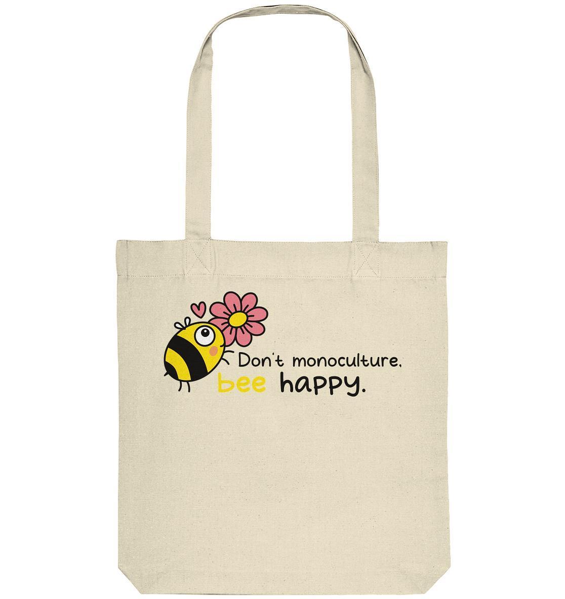 Vegan und Recycling Stofftasche: Save the bees, weiße Tasche mit Bienen- und Blumenmotiv, aus recycelten Materialien, lange Henkel mit verstärktem Kreuzstich.
