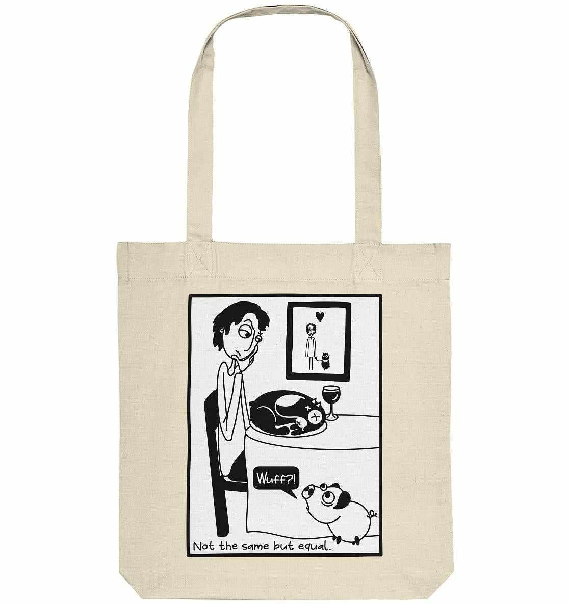Vegan und Recycling Stofftasche: Pig vs. Dog - Not the same but equal, zeigt Cartoon von Frau mit Katze, Mann mit Hund. Nachhaltig aus recycelten Materialien hergestellt.