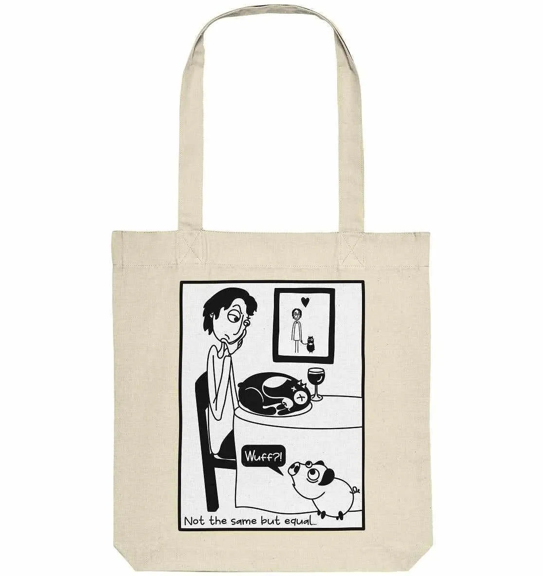 Naturfarbene Stofftasche mit Tragehenkeln und Motivillustration von Schwein und Hund