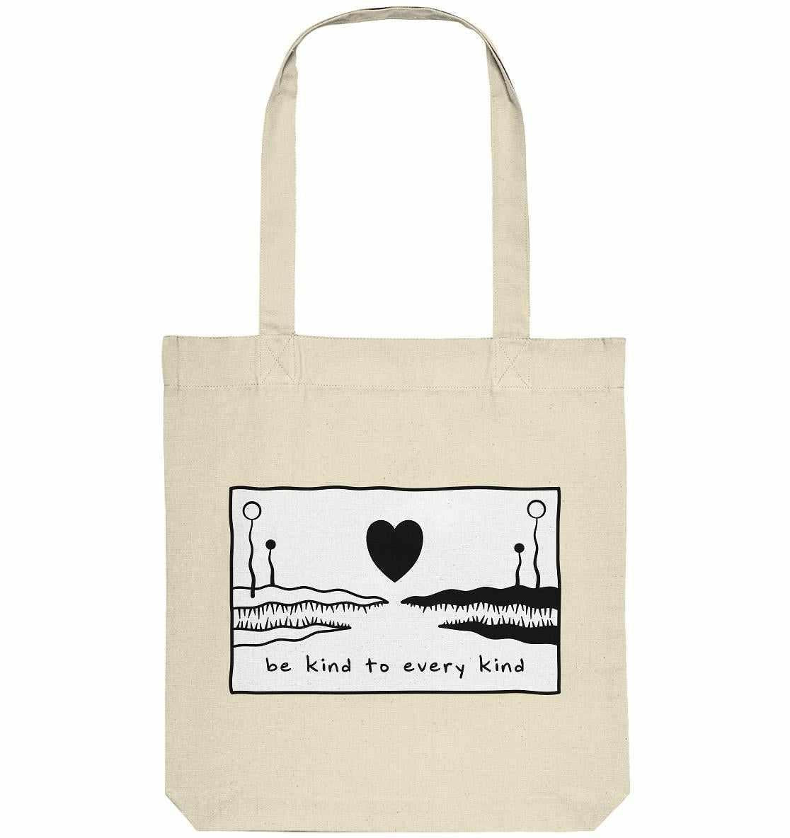 Vegane und Recycling Stofftasche: Be kind to every kind, mit schwarzem Herzdesign und Text, hergestellt aus recycelten Materialien. Vegane und nachhaltige Produktion von RUDE REBEL.