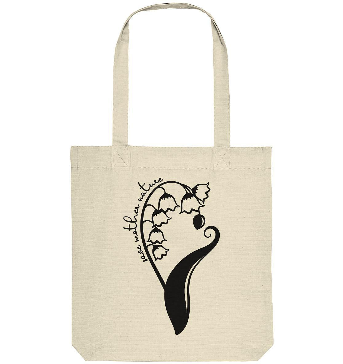 Vegan und Recycling Stofftasche mit schwarzer Blumenzeichnung und Save Mother Nature Botschaft, ideal für Naturschützer, aus recycelter Baumwolle und Polyester, von RUDE REBEL.