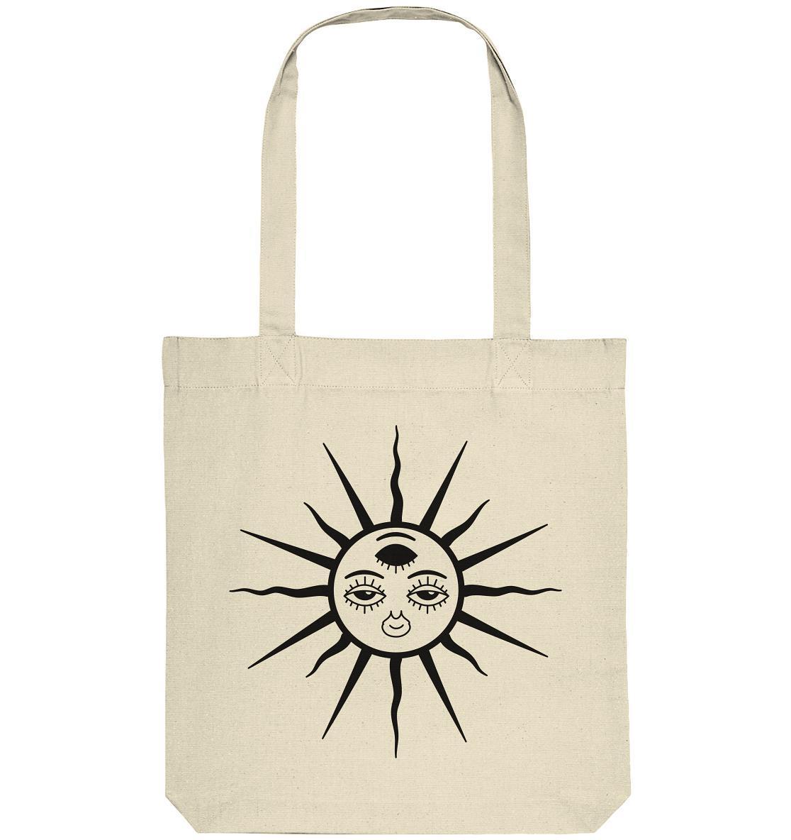 Vegan und Recycling Stofftasche: The Sun - Third Eye Awakening, zeigt ein Ethno-Sonnendesign mit Augen, ideal für nachhaltige und stylische Einsätze.