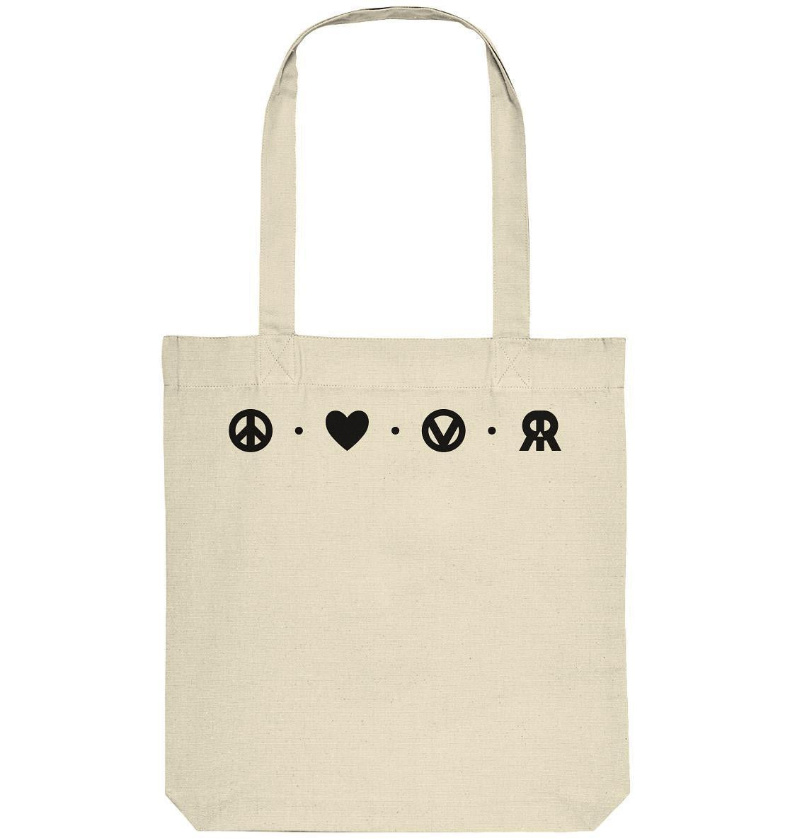Vegan und Recycling Stofftasche: Peace - Love - Veganism - RUDE REBEL, weiße Tasche mit schwarzen Symbolen, lange Henkel, vegan und ökologisch produziert.