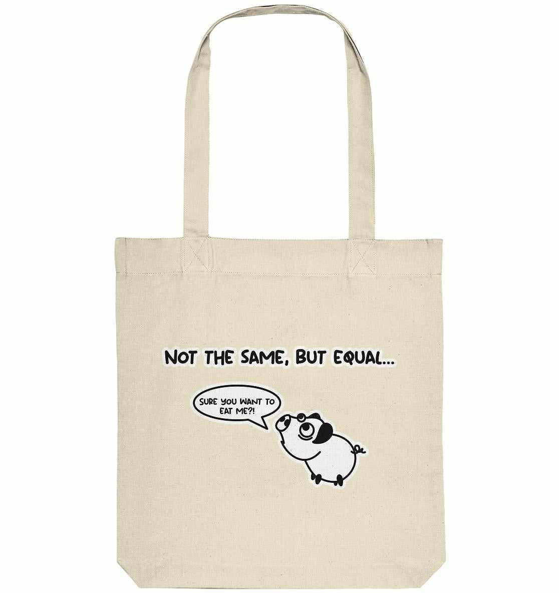 Vegan und Recycling Stofftasche mit süßem Cartoon-Schwein und Hundemotiv, aus recycelter Baumwolle und Polyester, ideal für Tierliebhaber und Umweltbewusste.