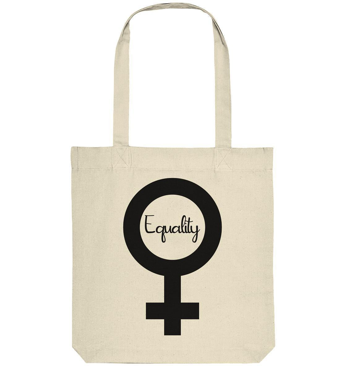 Vegan und Recycling Stofftasche: Feminismus - Der Kampf um Gleichberechtigung, weiße Tasche mit schwarzem Symbol und Text, lange Henkel, aus recycelten Materialien hergestellt.