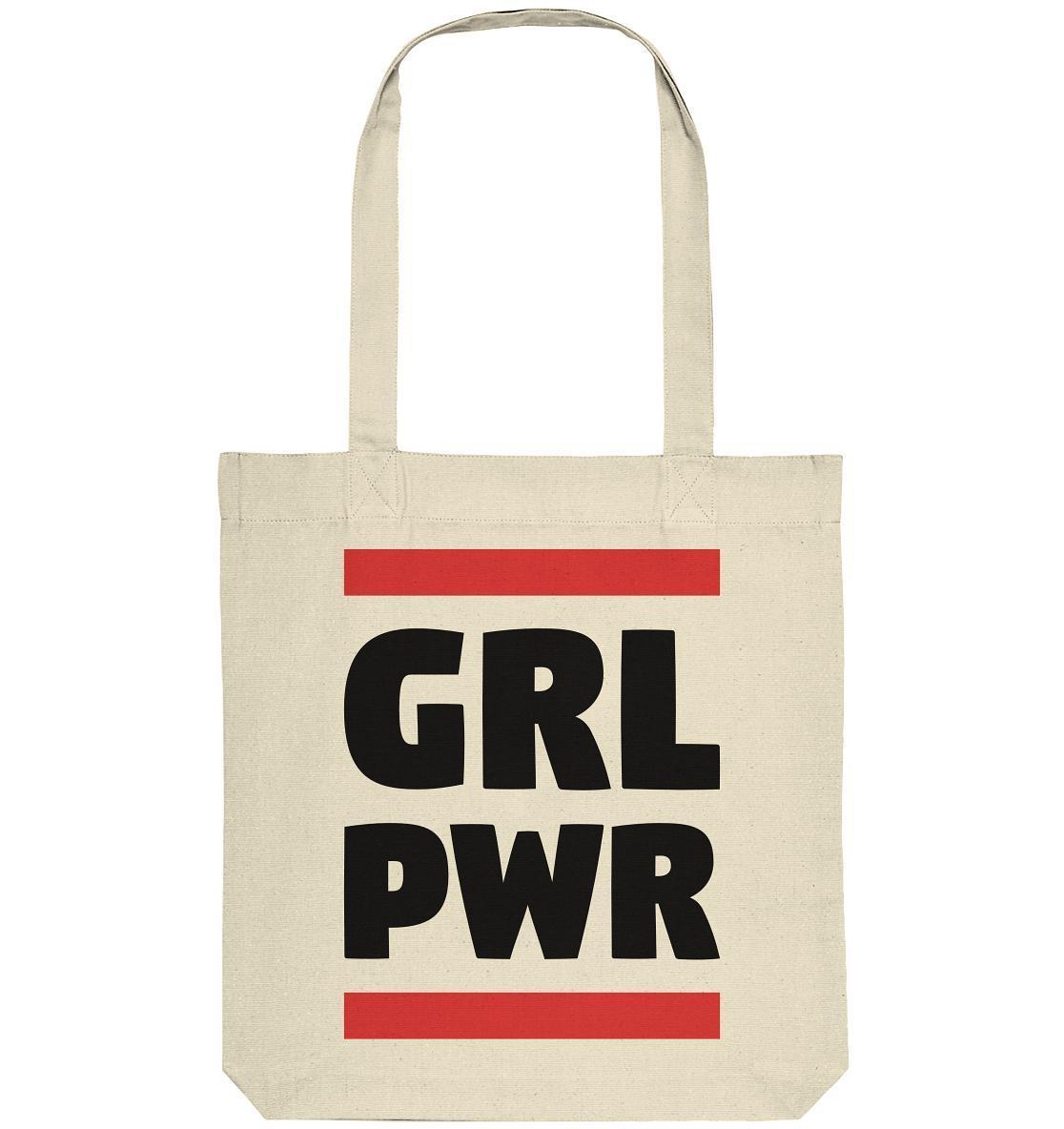 Vegan und Recycling Stofftasche: GIRL POWER, weiße Tasche mit schwarzem Text, lange Henkel, aus recycelter Baumwolle und Polyester, feministisches Design von RUDE REBEL.