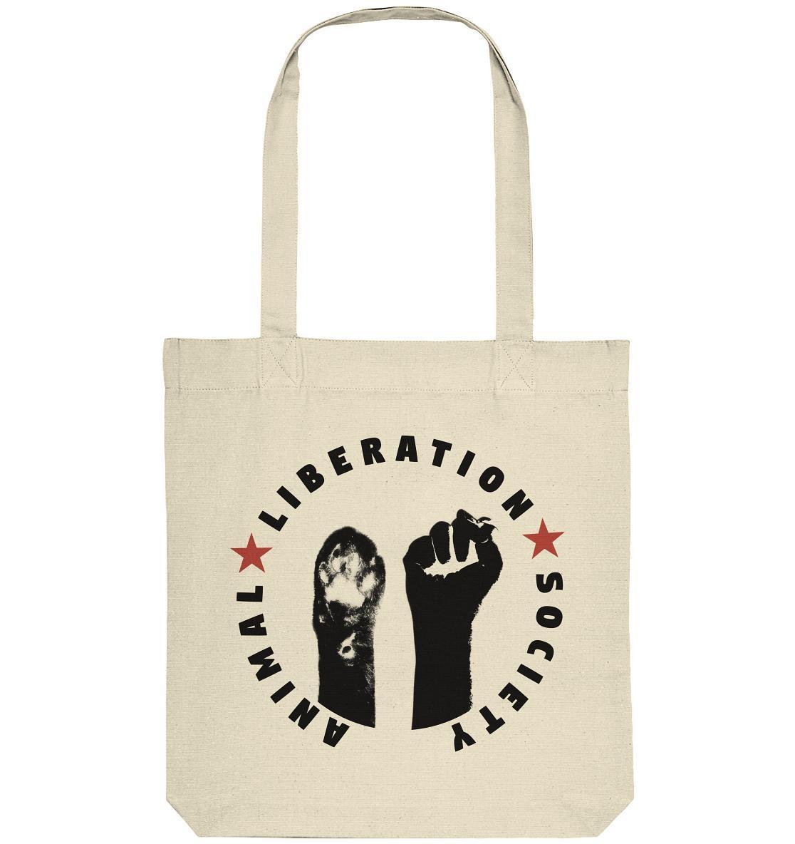 Vegan und Recycling Stofftasche mit schwarzem und rotem Text, Katzensilhouette und rotem Stern. Unterstützt Tierrechte mit nachhaltigem Design.