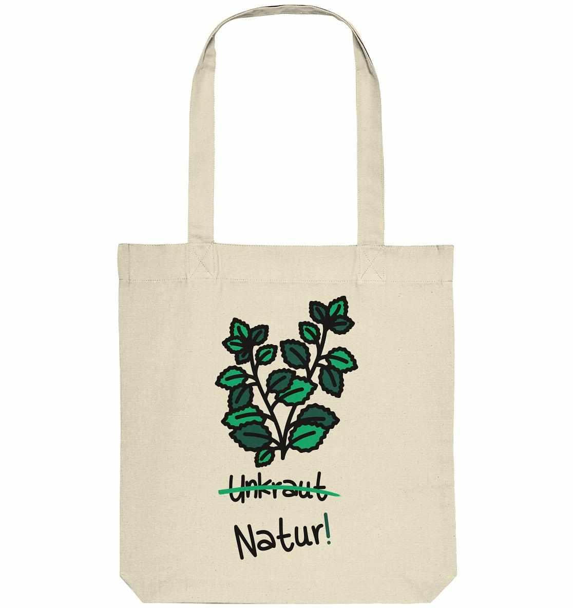Vegan und Recycling Stofftasche: Brennnessel - Naturschutz, weiße Tasche mit grünen Blattmotiven, lange Henkel, aus recycelten Materialien, nachhaltig produziert.