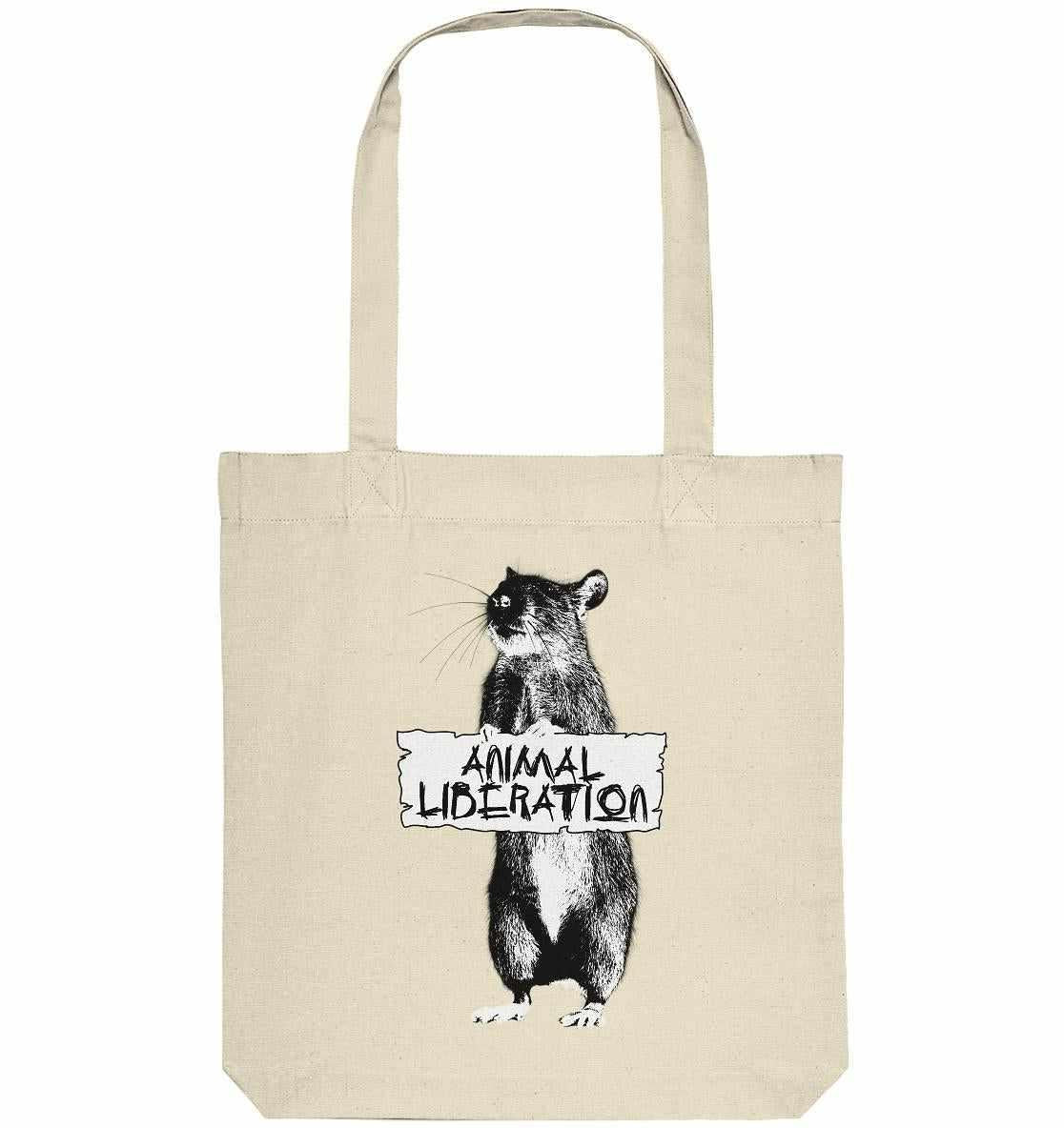 Vegan und Recycling Stofftasche: Rat for Animal Liberation, zeigt eine Tiercollage im Banksy-Stil, hergestellt aus recycelter Baumwolle und Polyester, lange Henkel, 38x42 cm.