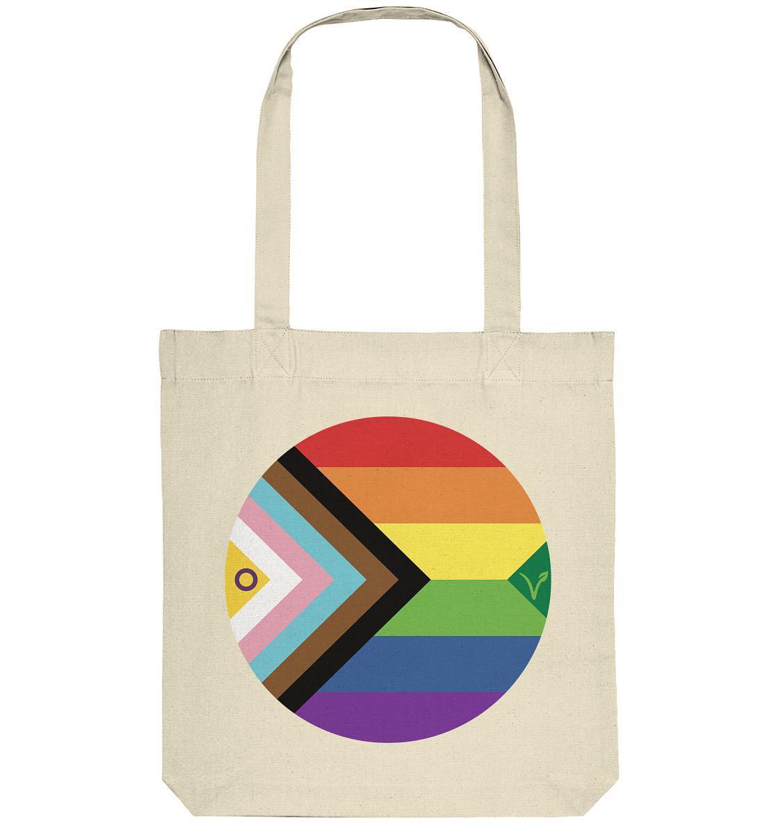 Vegan und Recycling Stofftasche: LGBTQAI+ VEGAN BIG, weiße Tasche mit Regenbogenkreis und Fischdesign, lange Henkel, aus recycelter Baumwolle und Polyester, nachhaltig produziert.