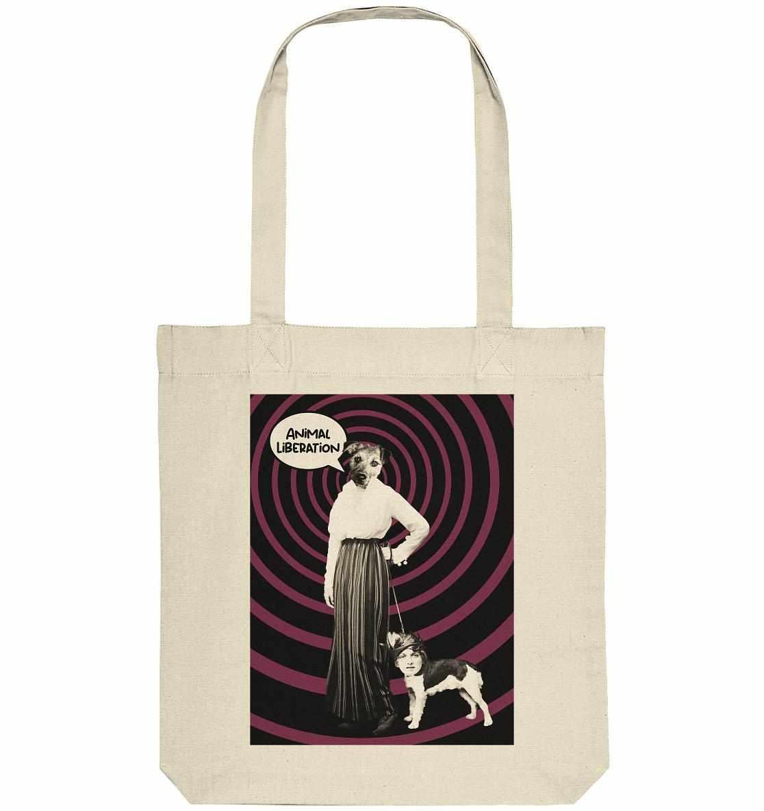 Vegan und Recycling Stofftasche: Upside Down - Animal Liberation, zeigt eine Frau mit Hund, kombiniert Popart und Vintage-Stil, aus ökologischen Materialien hergestellt.