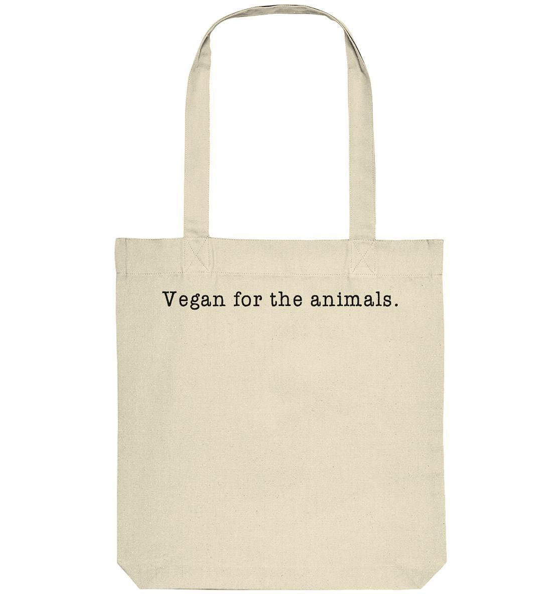 Vegan und Recycling Stofftasche: Vegan for the animals - minimalistisch, weiße Stofftasche mit schwarzem Text, aus recycelter Baumwolle und Polyester, lange Henkel.