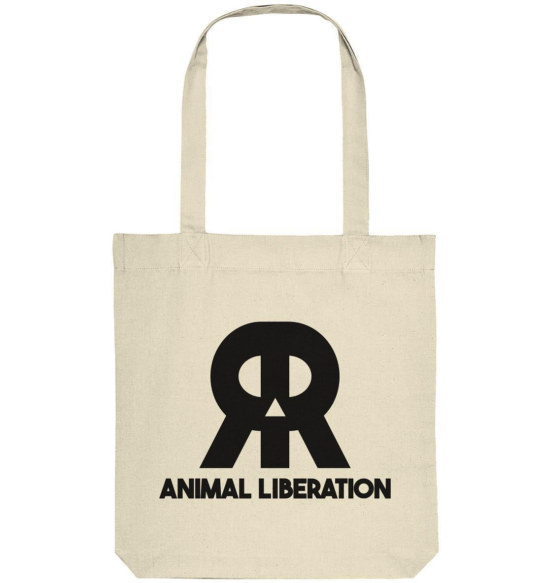 Vegan und Recycling Stofftasche: RUDE REBEL Skull - Animal Liberation, weiße Tote Bag mit schwarzem Totenkopf-Logo, langer Henkel, aus recycelter Baumwolle und Polyester.