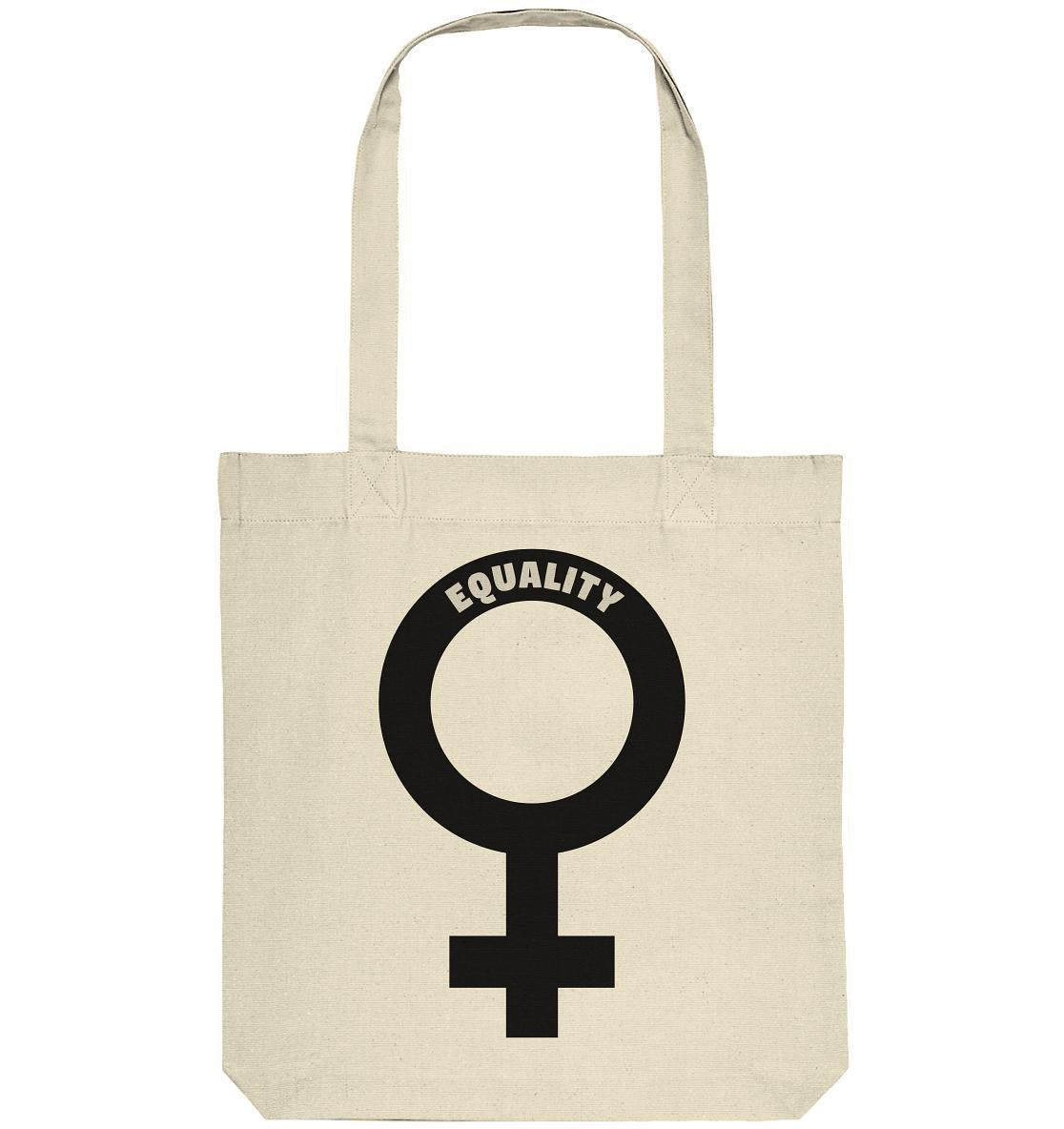 Vegan und Recycling Stofftasche mit Venussymbol und feministischer Botschaft, hergestellt aus recycelten Materialien, lange Henkel mit Kreuzstich, von RUDE REBEL.