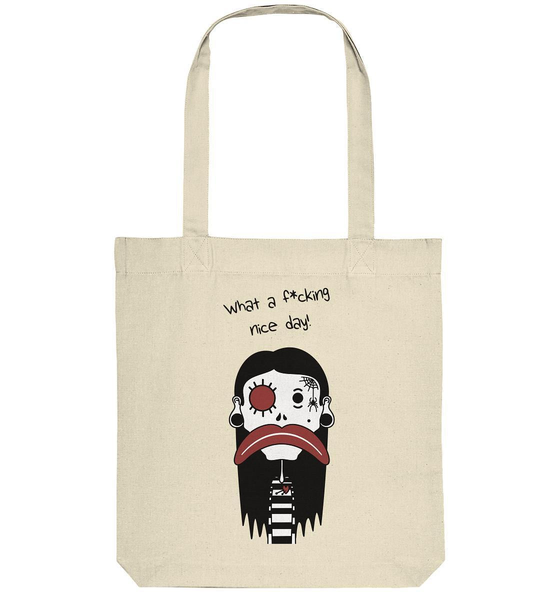 Vegan und Recycling Stofftasche: Mental health – Bad Day mit Cartoon-Gesicht und Text What a f*cking nice day!, ideal für schlechte Laune.