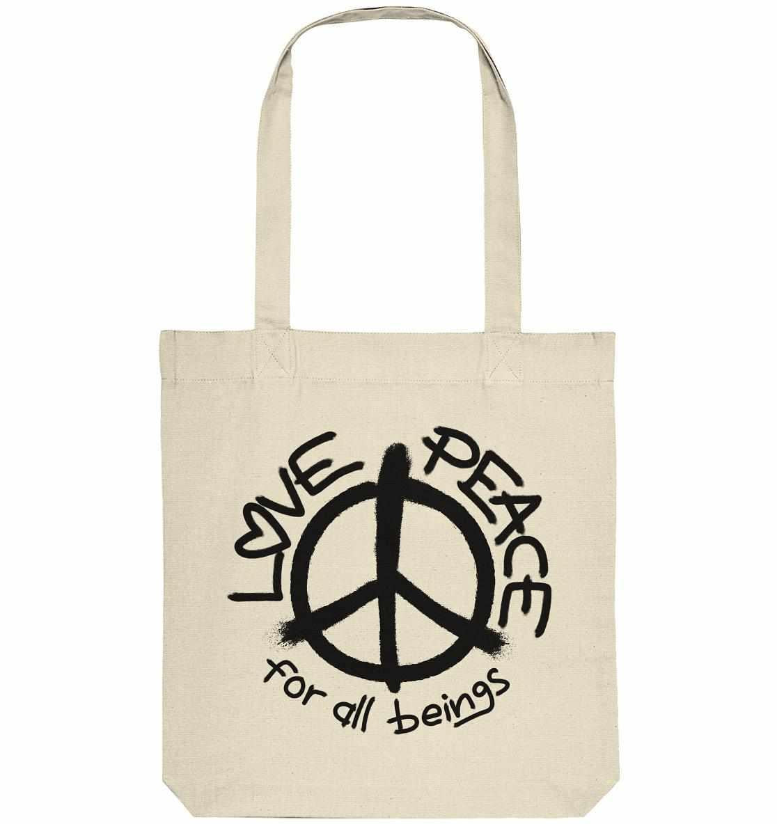 Vegan und Recycling Stofftasche: LOVE and PEACE, weiße Tasche mit schwarzem Friedenszeichen, ökologisch produziert, aus recycelter Baumwolle und Polyester, lange Henkel.