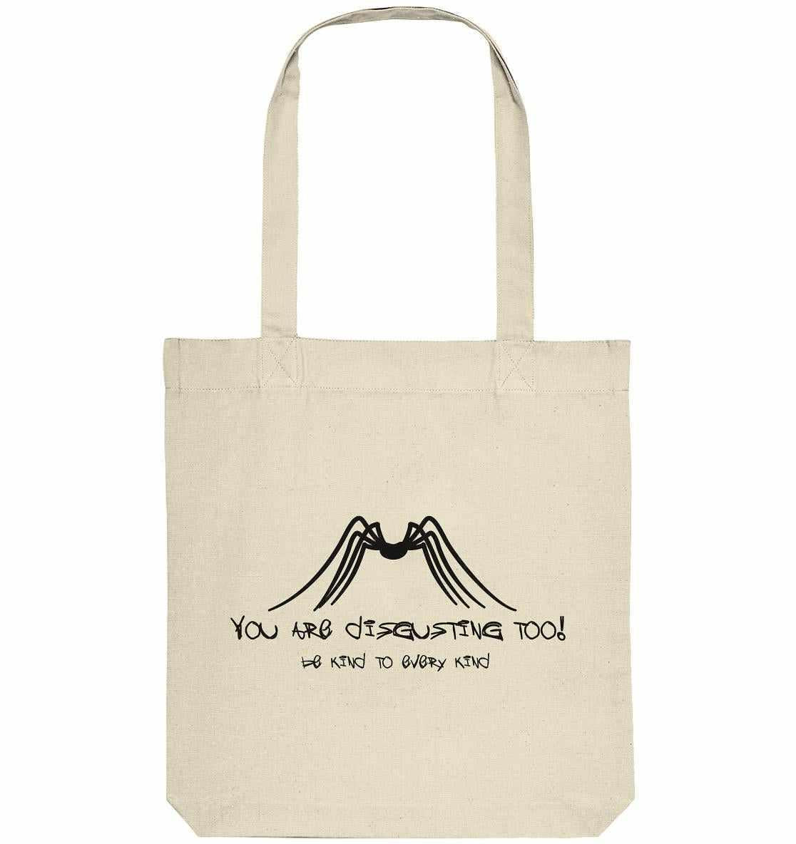 Vegan und Recycling Stofftasche mit schwarzem Text und Spinnenmotiv, fördert Tierrechte. Hergestellt aus recycelten Materialien, ideal für umweltbewusste Käufer.