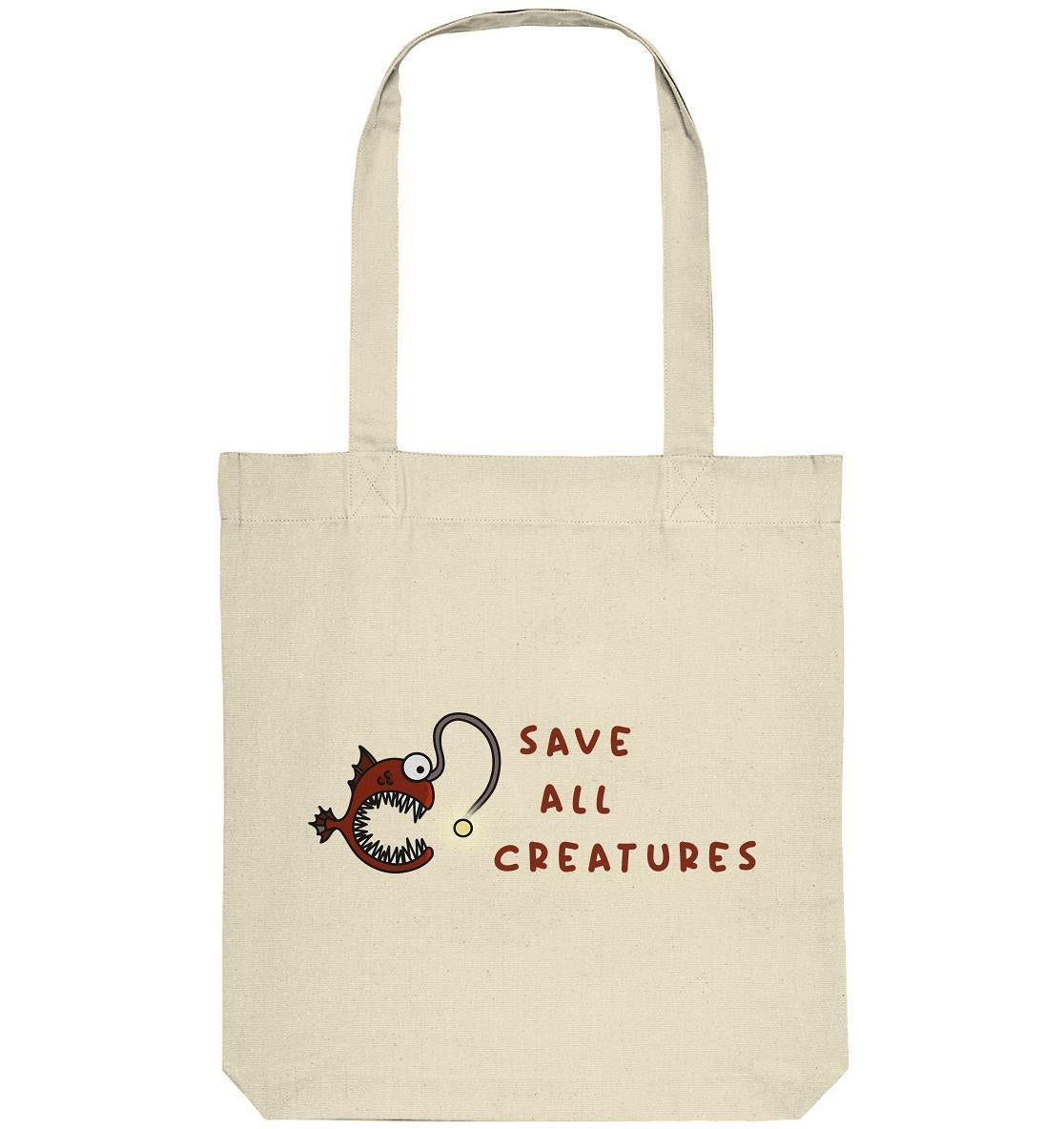 Vegan und Recycling Stofftasche: Weird Frogfish mit Cartoonfisch und Hakenmotiv, symbolisiert Schutz für alle Kreaturen; hergestellt aus recycelten Materialien, 38x42 cm.